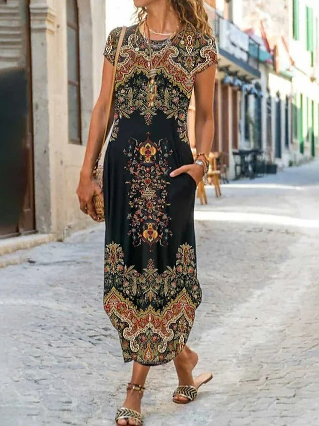 Casual Pocket-paneled Geometric Print Ethnic Dress