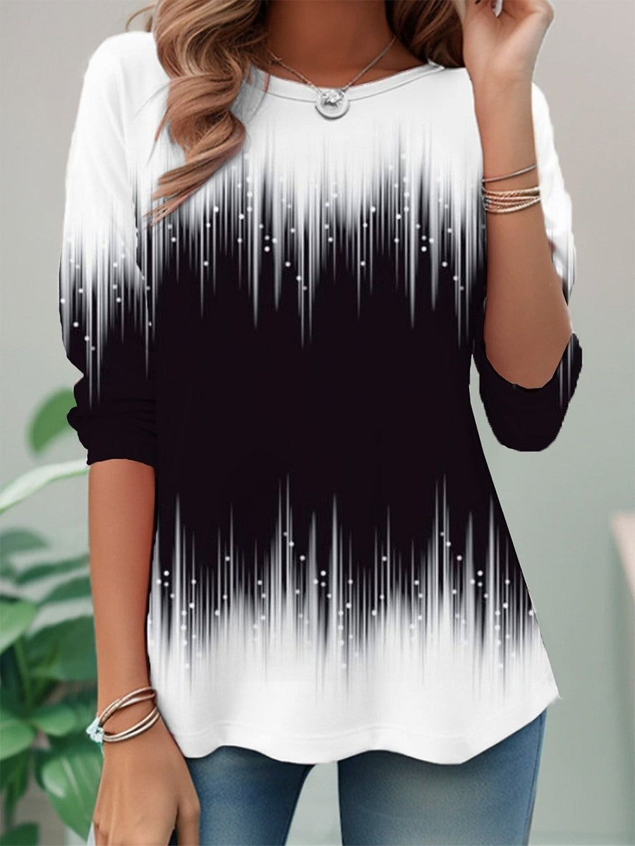 Casual Black And White Colorblock Round Neck Long Sleeve Blouses