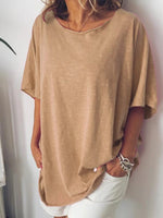 Solid Color Loose Round Neck Short Sleeve Shirt