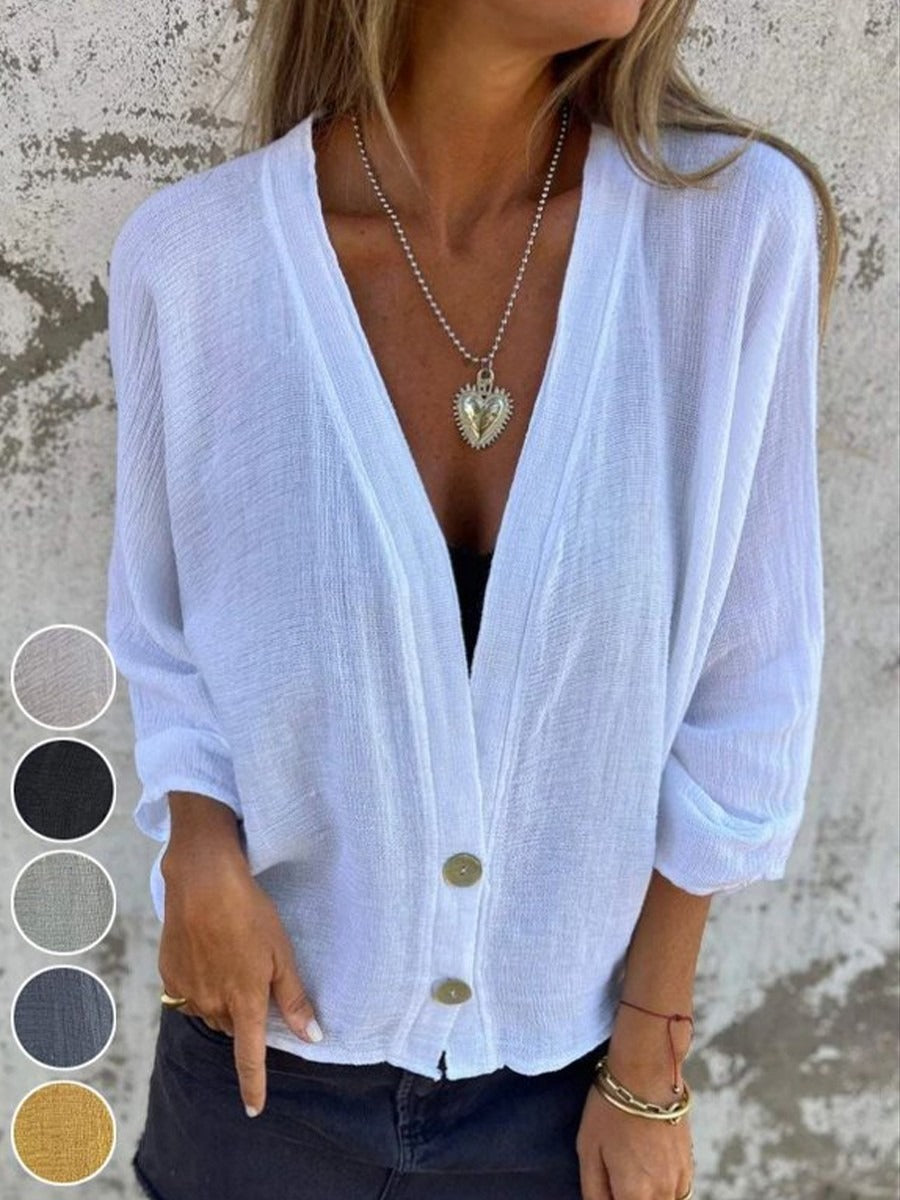 V Neck Long Sleeve Solid Button Up Regular Loose Shirt