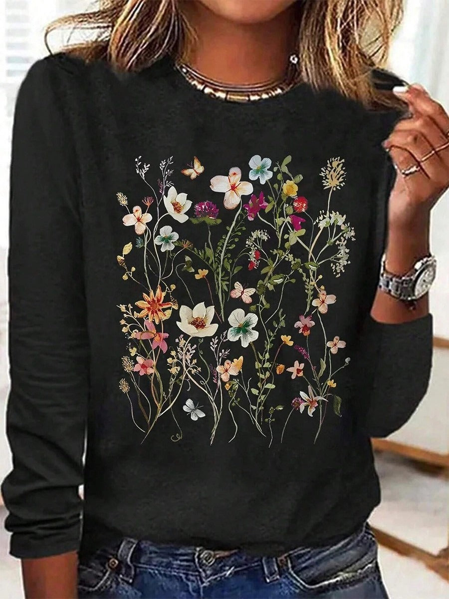 Casual Floral Print Black Crew Neck Long Sleeve T-Shirt