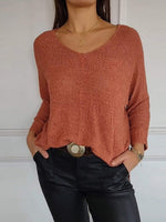 Casual Plain V-neck Knitted Long Sleeve Sweater