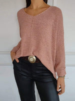 Casual Plain V-neck Knitted Long Sleeve Sweater