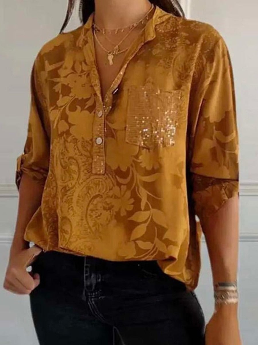 Brown Vintage Floral Printed V-neck Blouse