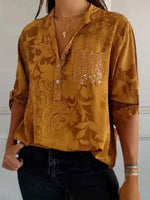 Brown Vintage Floral Printed V-neck Blouse