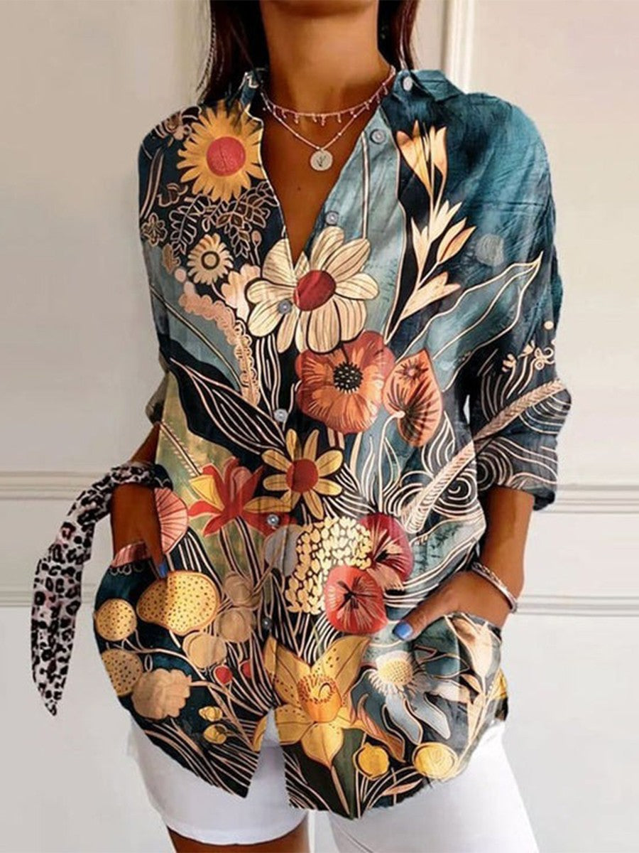 Vintage Floral Print V-Neck Blouse