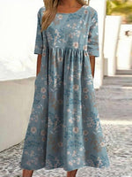 Vintage Floral Print Round Neck Half Sleeve Dress