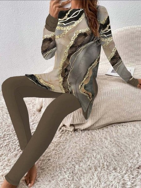 Geometric Round Neck Long Sleeve Comfy Two-Piece Set