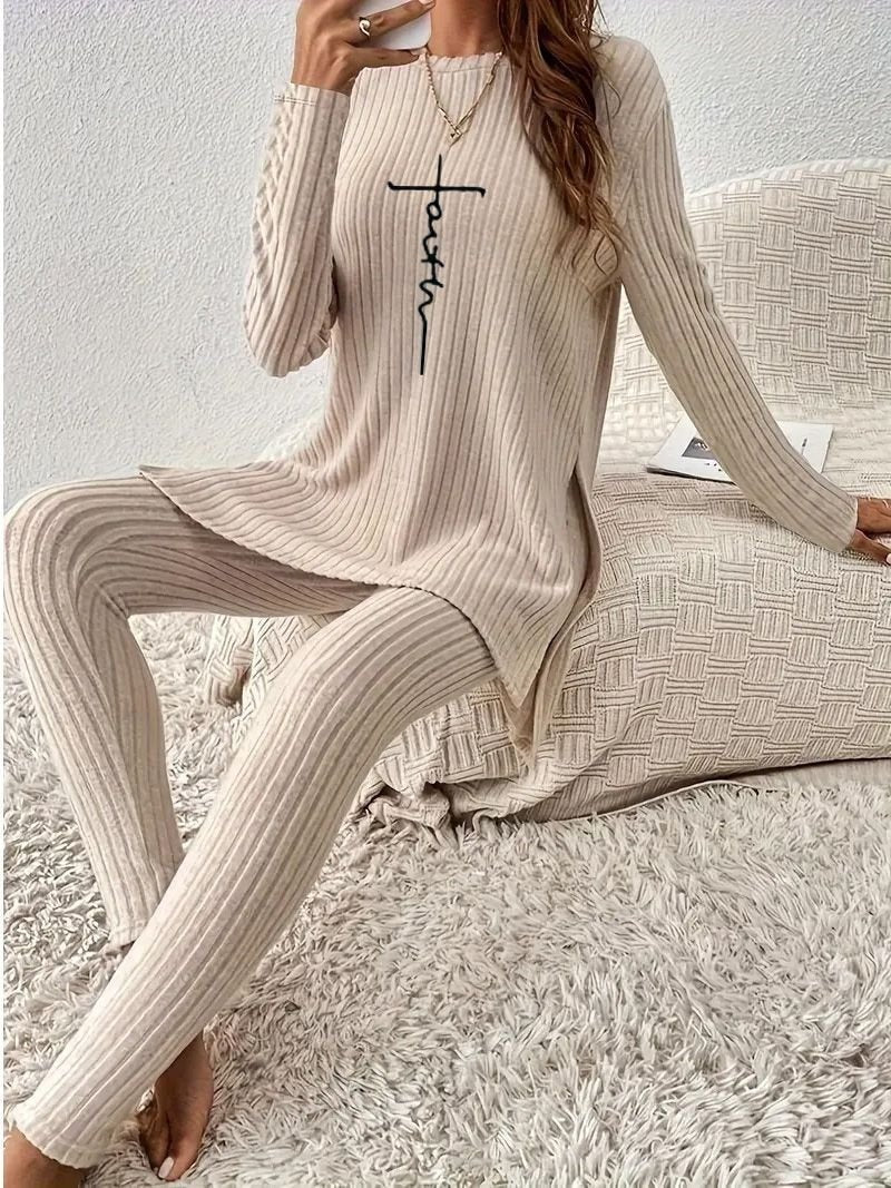 Plain Jersey Round Neck Long Sleeve Comfy Two-Piece Set
