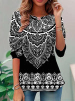 Black Vintage Ethnic Print Long Sleeve Blouse