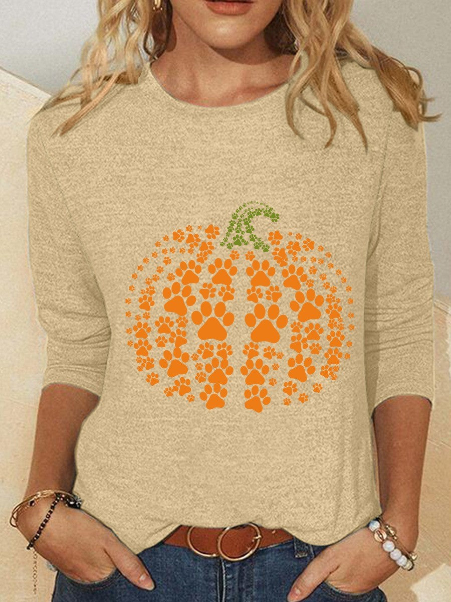 Halloween Pumpkin Print Crew Neck Long Sleeve Blouse