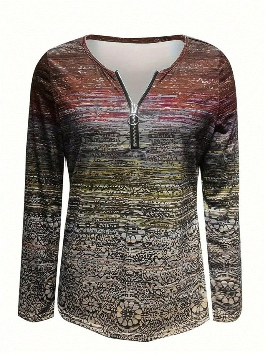 Geometric Zipper V-Neck Long Sleeve Blouse