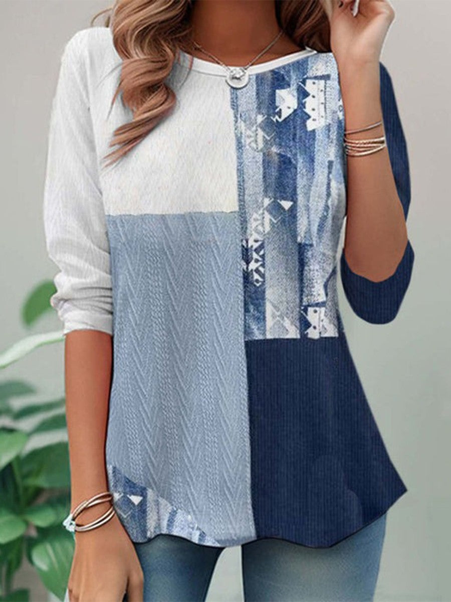 Casual Long Sleeve Color Block Blouse