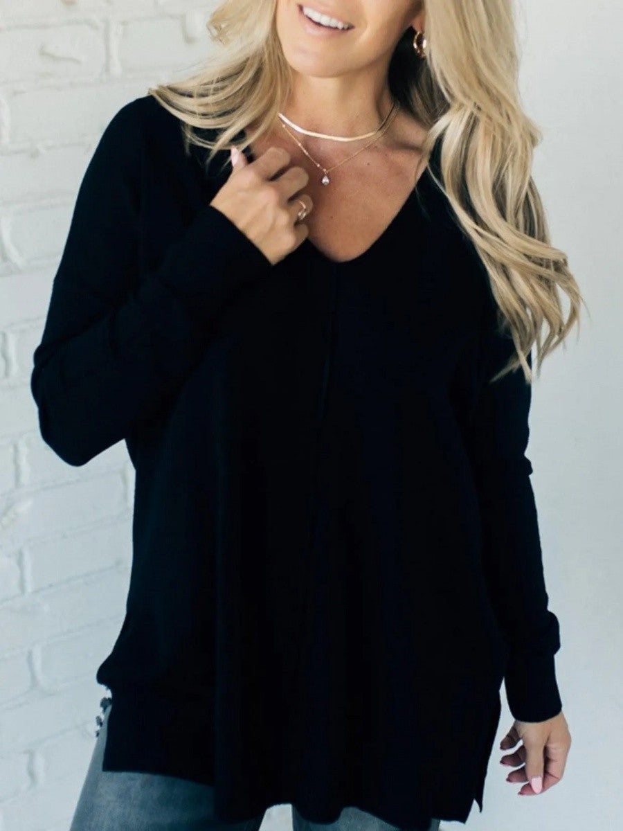 Plain V-neck Long Sleeve Casual Sweater