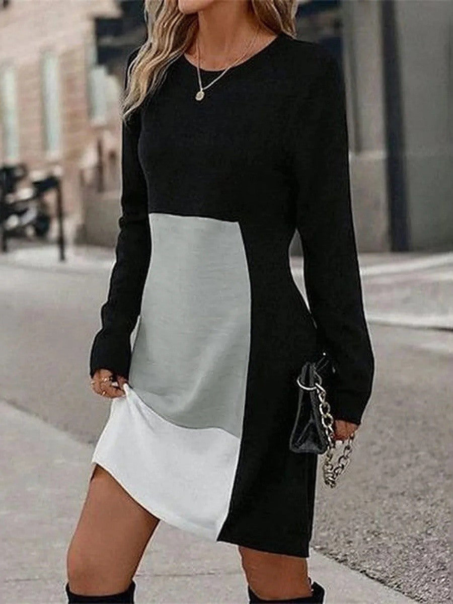 Color Block Round Neck Long Sleeve Mini Dress