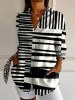 Casual Striped Lapel Long Sleeve Blouse