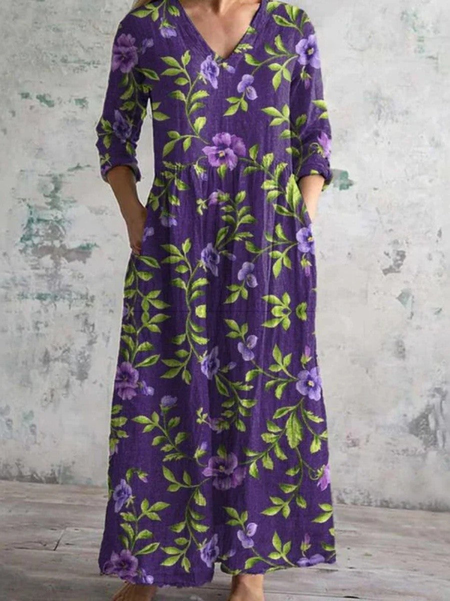 Floral V-neck Long Sleeve Elegant Maxi Dress