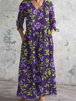 Floral V-neck Long Sleeve Elegant Maxi Dress