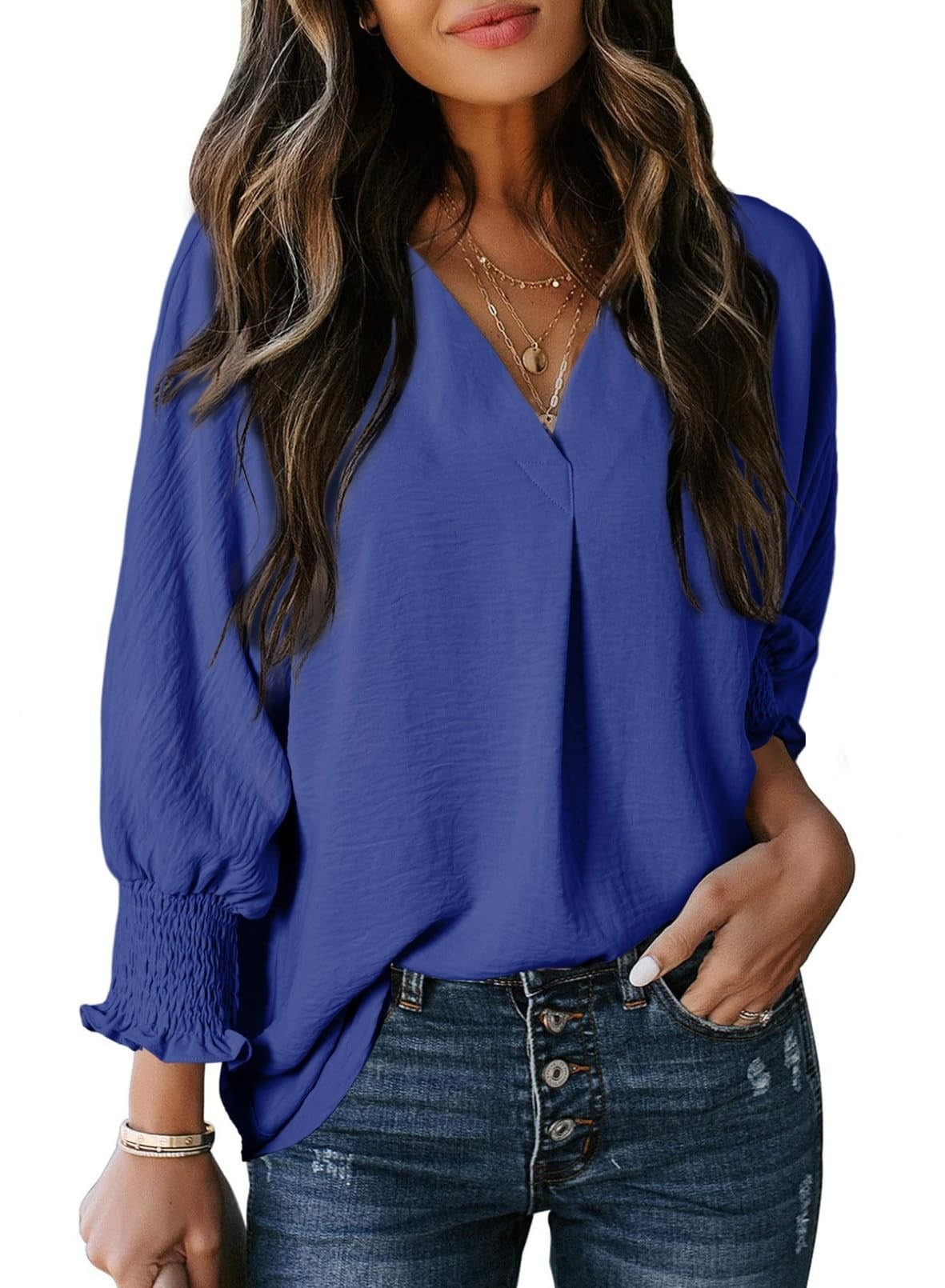Women's Casual 3/4 Sleeves V-Neck Loose Basic T-Shirt
