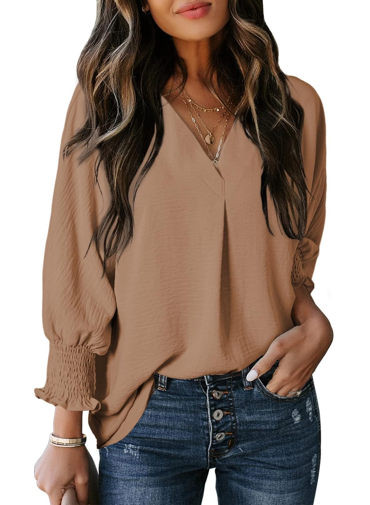 Women's Casual 3/4 Sleeves V-Neck Loose Basic T-Shirt