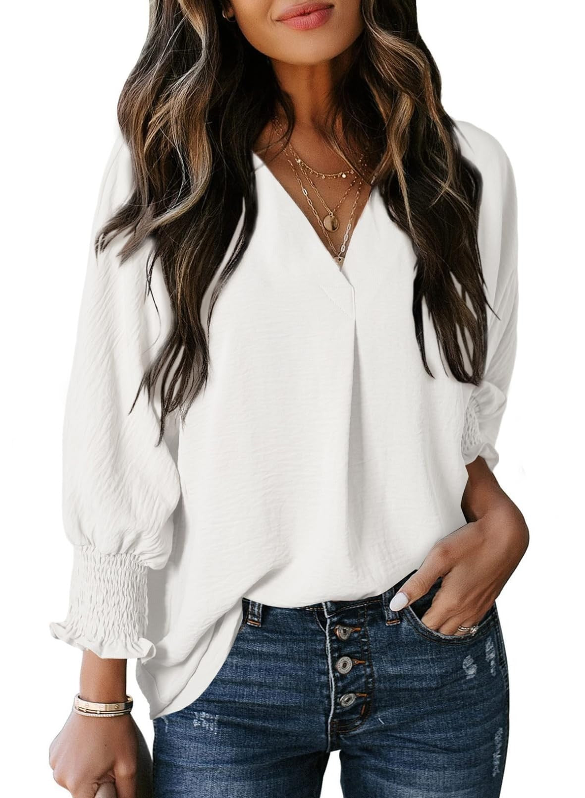 Women's Casual 3/4 Sleeves V-Neck Loose Basic T-Shirt