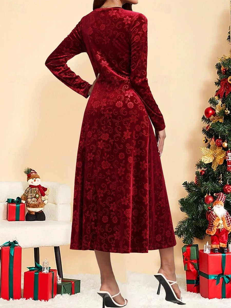 Holiday Women's Long Sleeve Spring/Fall Red Plain V Neck Casual Maxi H-Line Dress