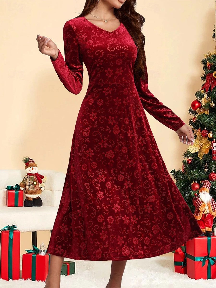 Holiday Women's Long Sleeve Spring/Fall Red Plain V Neck Casual Maxi H-Line Dress