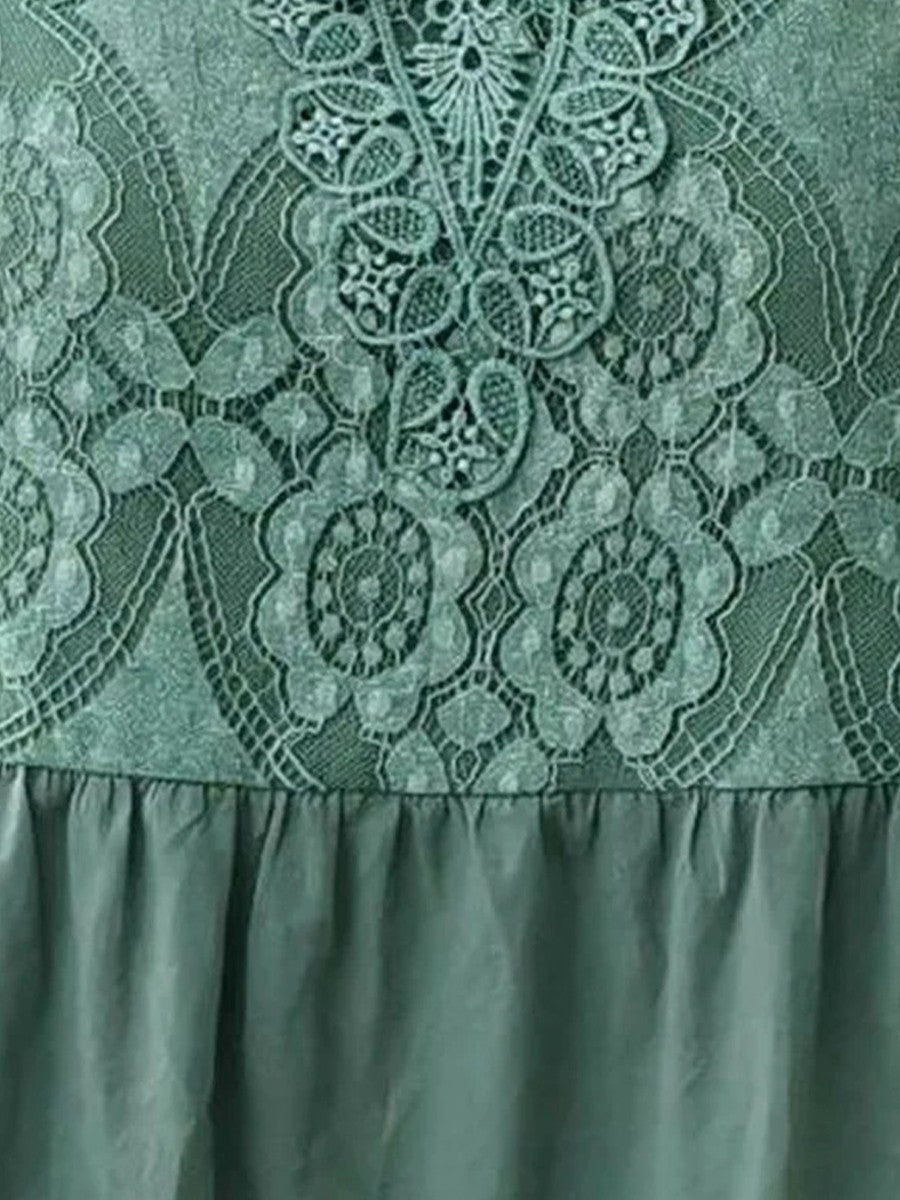 Graceful Short Sleeves Lace Pockets Green Dress