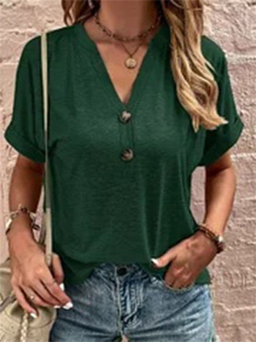 Women's Short Sleeve V-Neck Button Casual Solid Color Top