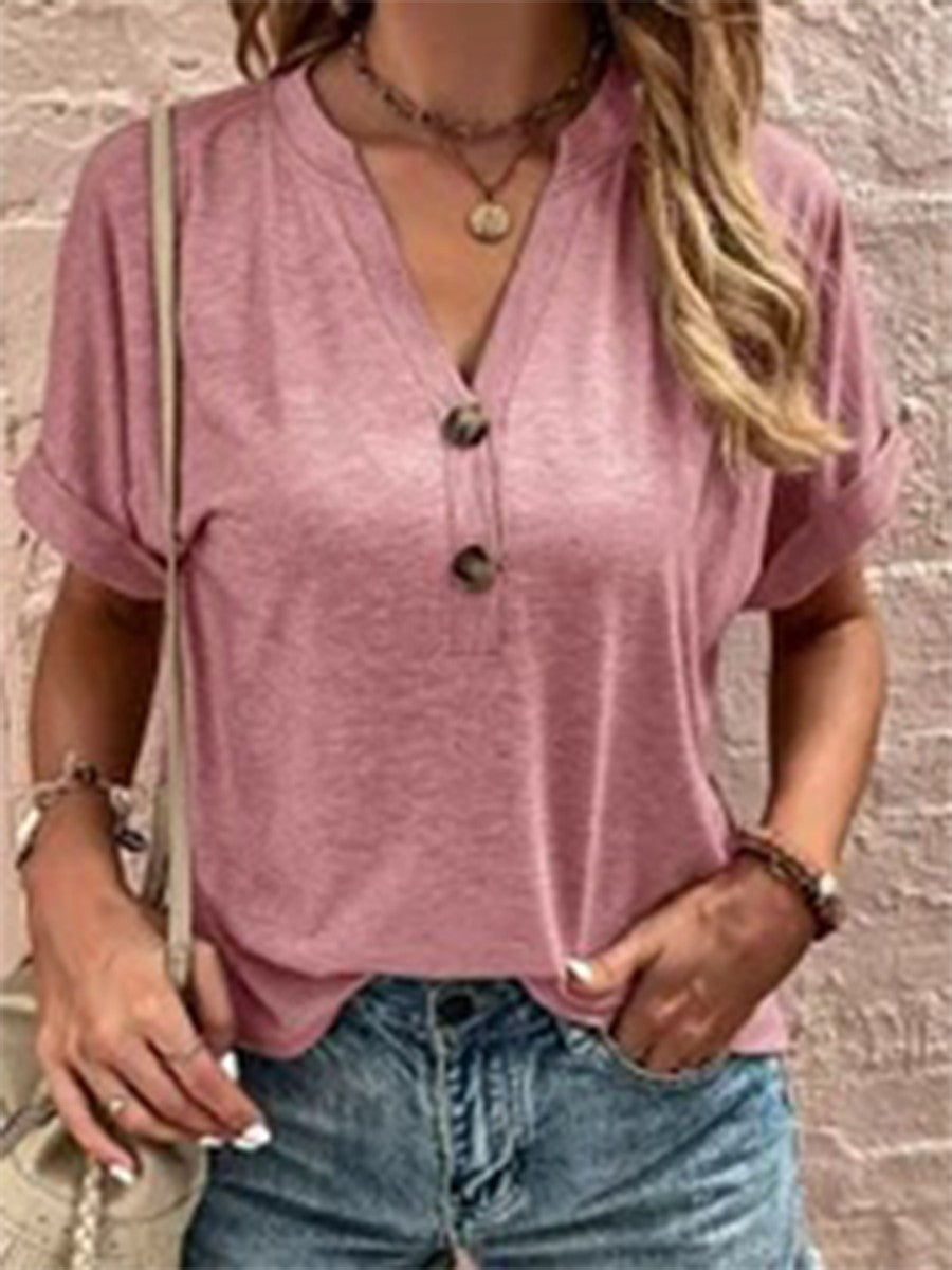 Women's Short Sleeve V-Neck Button Casual Solid Color Top