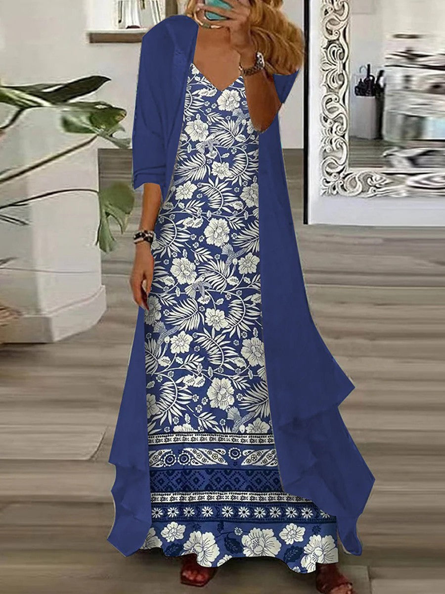 Casual Floral Print Maxi Dress With Outerwear