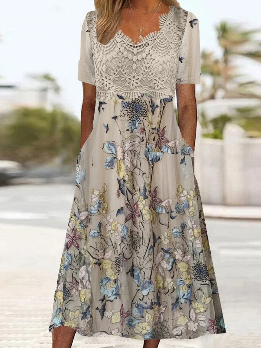 Short Sleeve V-Neck Graphic Lace Stitching Midi Dress