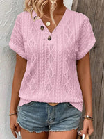 V Neck Loose Short Sleeved Button Solid Color T Shirt