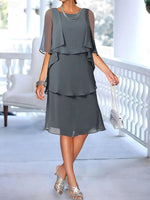 Solid Color Round Neck Mid Sleeve Mid Length Simple Dress