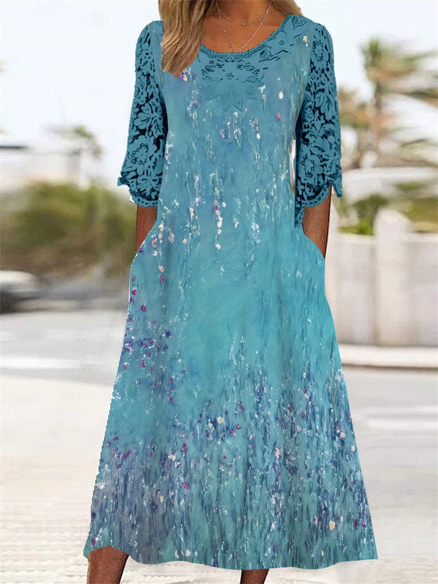Women's 3/4 Sleeves Round Neck Graphic Lace Midi Dress