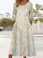 Women's 3/4 Sleeves Round Neck Floral Lace Midi Dress
