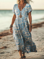 Vintage Floral Print V-Neck Short Sleeve Dress