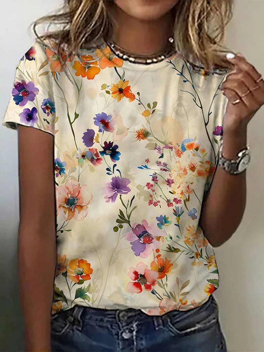 Vintage Floral Round Neck Short Sleeve T-shirt