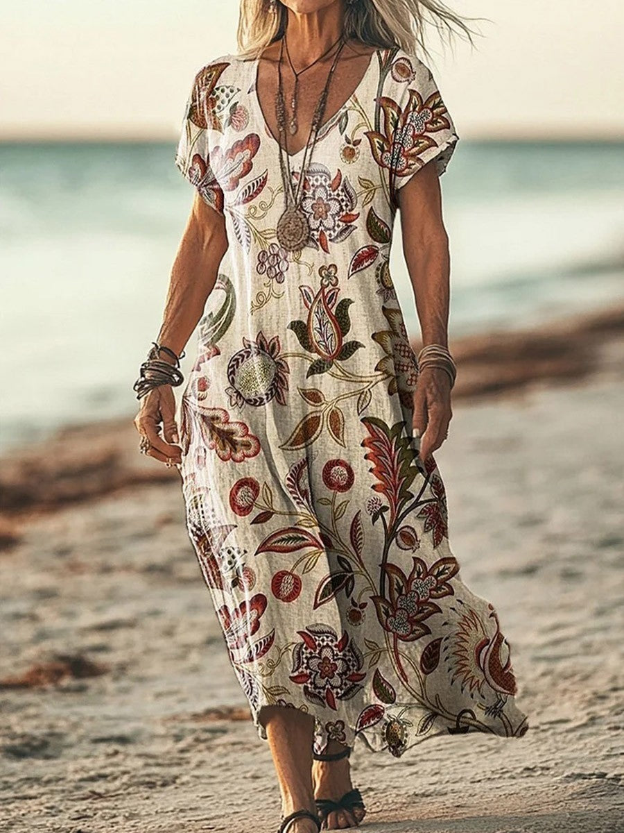 Floral V-neck Short Sleeve Casual Dress