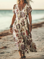 Floral V-neck Short Sleeve Casual Dress