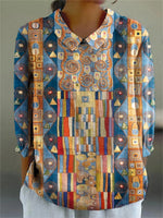 Geometric Print Round Neck 3/4 Sleeves Casual Shirt