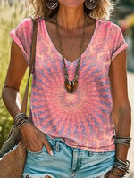 Vintage Gradient V-neck Short Sleeves Casual T-shirt