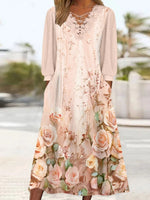 Floral Printed V-neck Lace Stitching Midi Dress