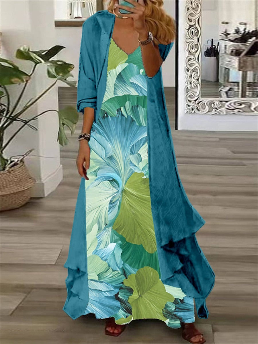 Graphic V-neck Long Sleeves Two Pieces Maxi Dress