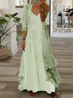 Lace Applique Light Green V-neck Floral Printed Maxi Dress