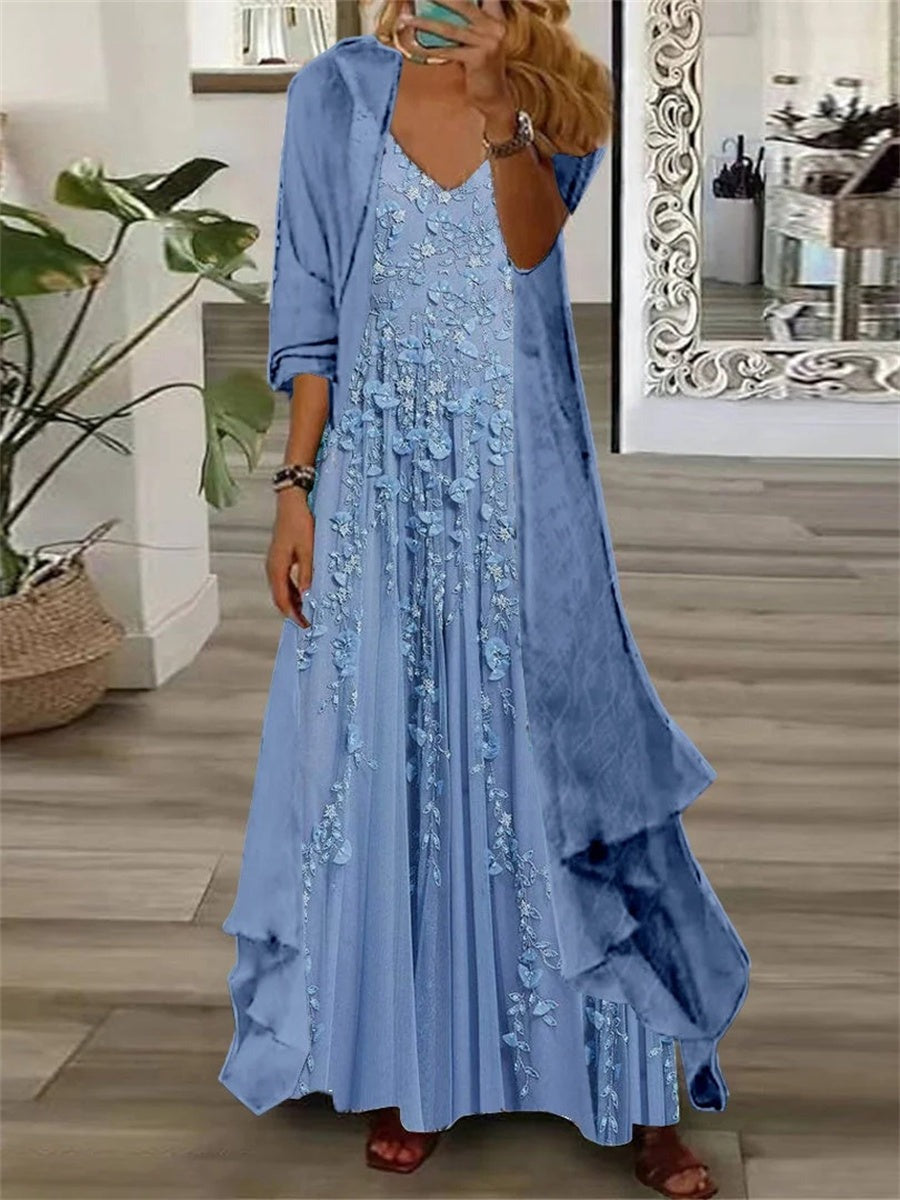 Lace Applique Light Blue V-neck Floral Printed Maxi Dress