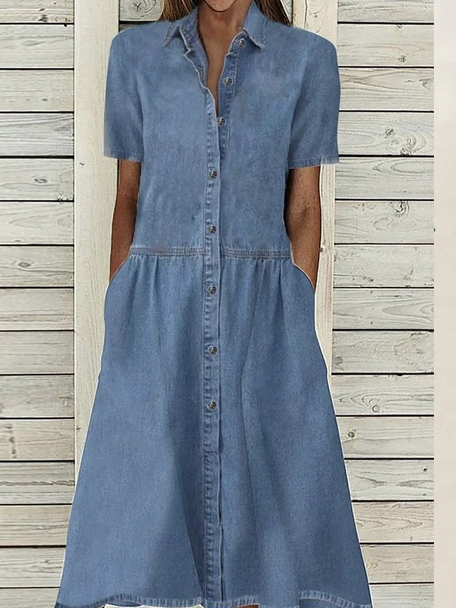 Denim Button-Down Short Sleeve Dress
