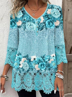Elegant Lace Trim Floral Print Tunic Blouse