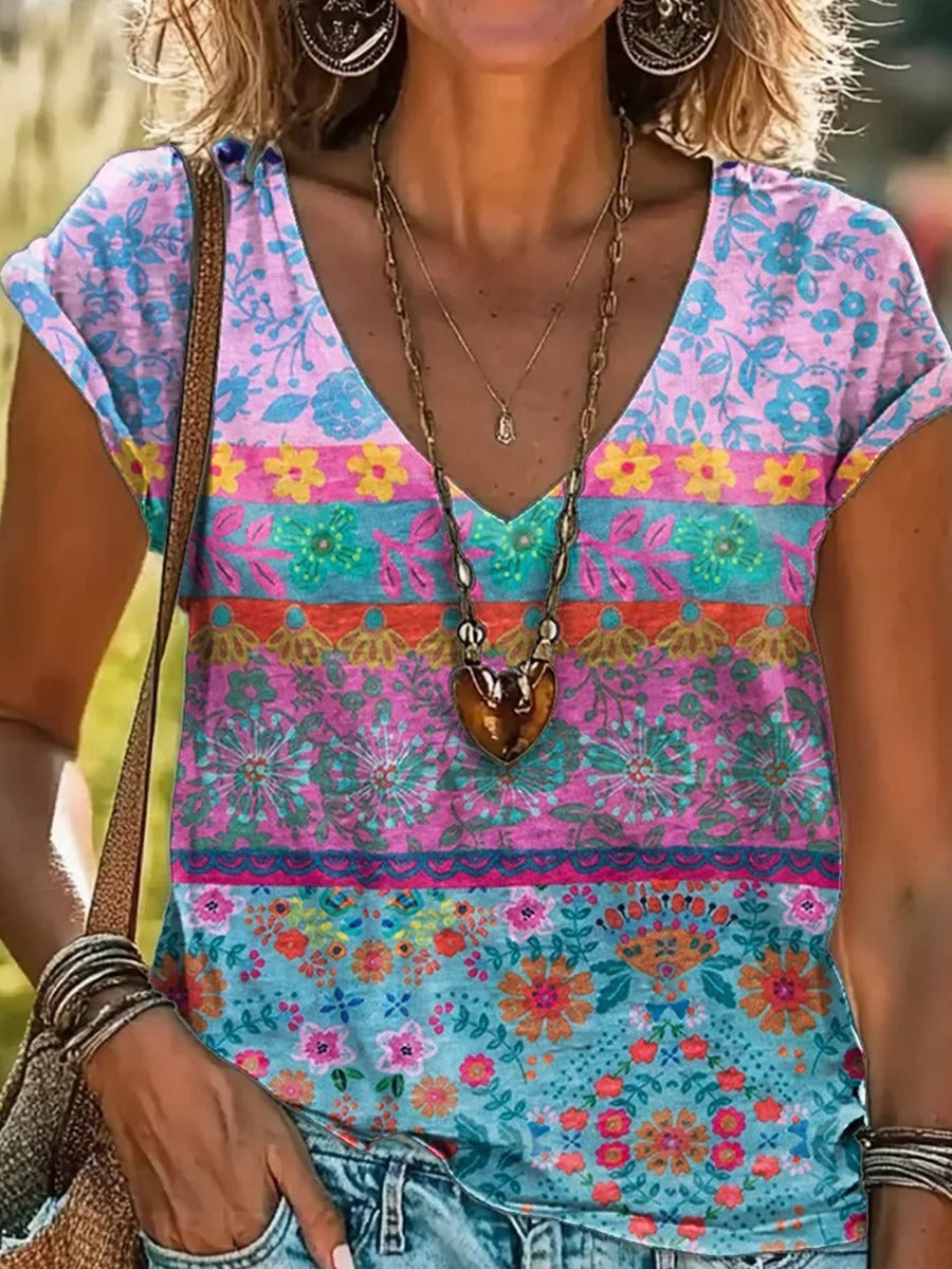 V-Neck Floral Print Casual T-Shirt