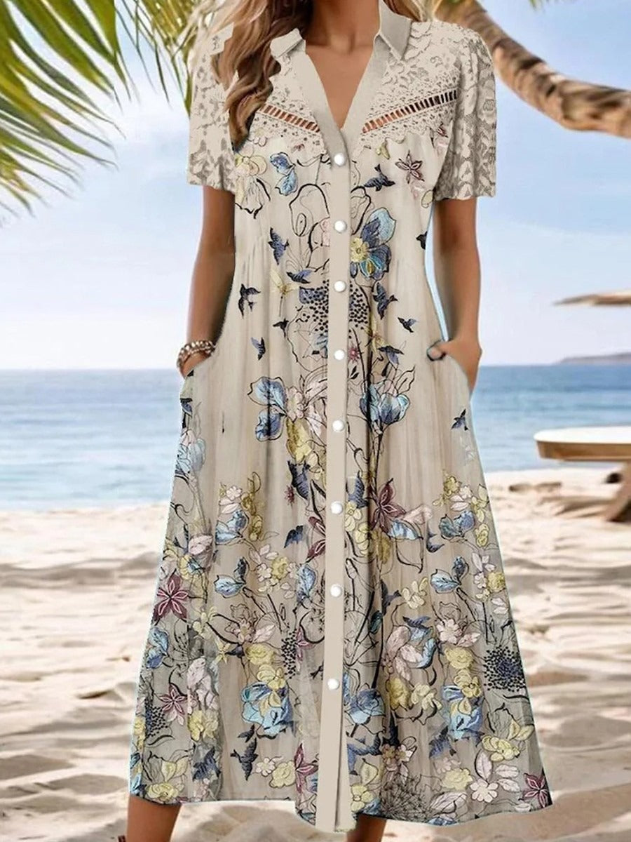 Elegant Floral Print Button-Down Midi Dress